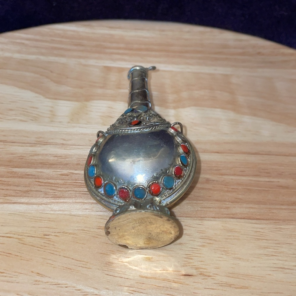 Vintage Silver Tibetan Decorative Bottle with Red & Blue Accents - Picture 4 of 5
